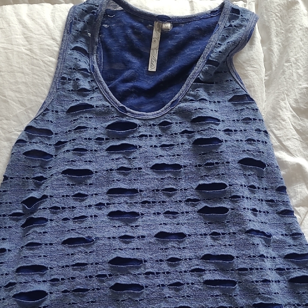 Adrienne Vittadini Navy Blue Distressed Scoop Neck Tank
